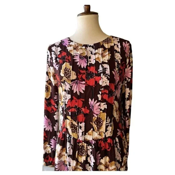 Hinge Women's Pintuck Floral Burgundy Fudge Wild Bouquet Mini Dress Size S - Picture 15 of 16